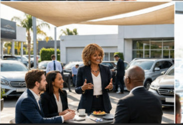 Constance Collier networking with business owners at an outdoor client meeting